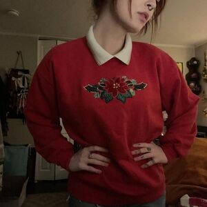 Vintage Nerdcore Faux Collar Christmas Holiday Poinsettia Sweatshirt Lg